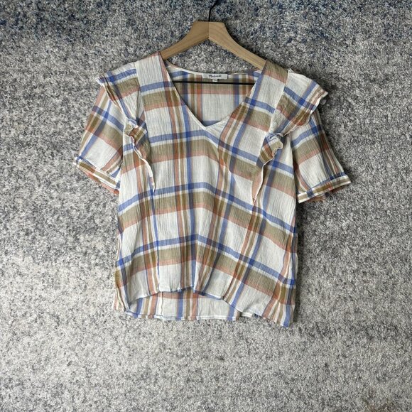 Madewell Tops - Madewell Shirt‎ Womens Small Multicolor Plaid V Neck Ruffle Short Sleeve Gauze